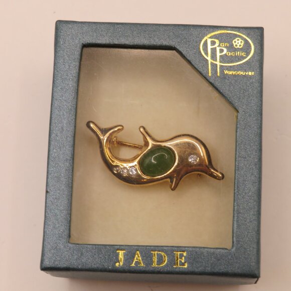 Pan Pacific Jade Dolphin Gold Tone Rhinestone Brooch - Picture 2 of 8